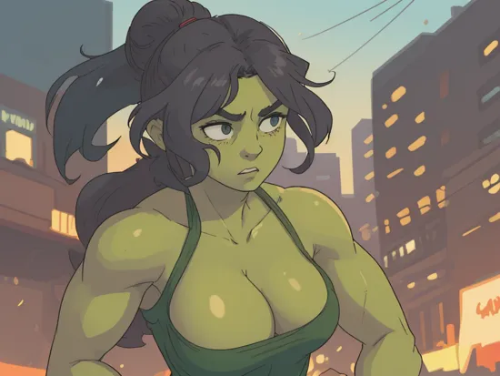cinematic film still full bust (she-hulk:1.2), green skin, loose bun with wispy curls, with her muscular and green body, looks fierce as she is captured mid-smash in a dramatic cityscape lit by an intense spotlight with high-speed photography, (highly detailed face), soft focus, soft lighting  . shallow depth of field, vignette, highly detailed, high budget Hollywood movie, bokeh, cinemascope, moody, epic, gorgeous, film grain, grainy