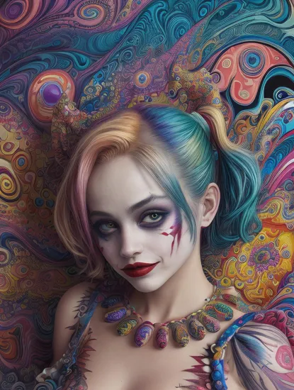 Psychedelic style, harley quinn and the joker, Vibrant colors, swirling patterns, abstract forms, surreal, trippy