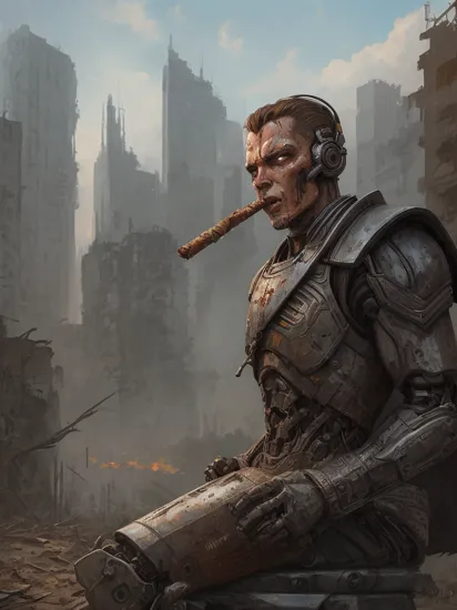 vlozhkin style painting of terminator cyborg robot with metal head in city ruins smoking cigar, 