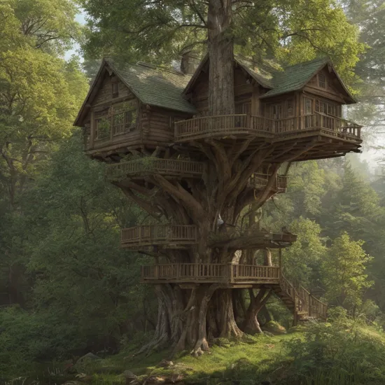 Evang, tree house in the forest, atmospheric, hyper realistic, epic composition, cinematic, landscape vista photography by Carr Clifton & Galen Rowell, 16K resolution, Landscape veduta photo by Dustin Lefevre detailed landscape painting by Ivan Shishkin, DeviantArt, Miyazaki, Ghibli, 4k, artstation, unreal engine