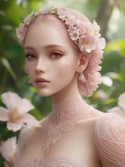 fashion photography portrait of pink human avatar, in white lush jungle with flowers and birds, 3d render, cgi, symetrical, octane render, 35mm, bokeh, 9:16, (intricate details:1.12), hdr, (intricate details, hyperdetailed:1.15), (natural skin texture, hyperrealism, soft light, sharp:1.2), front, fantasy, mysterious