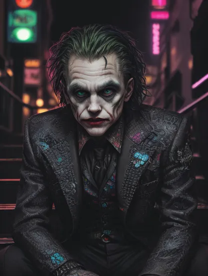 The Joker,, , Cyberpunk Style, (neon:1.2), closeup, masterpiece, intricate, highly detailed, majestic, digital photography, hdr, stylish man sitting on stairs , (night time:1.2) , (neon street:1.2), bold eclectic styles, punk elements , holographic prints, metallic accents, (full body:1.2), detailed cyberpunk background, defiance512, ,(photo, studio lighting, hard light, sony a7, 50 mm, matte skin, pores, colors, hyperdetailed, hyperrealistic),