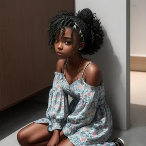 A girl with black skin and curly black hair into a slightly messy bun on the top of her head wearing a flowy floral patterned dress and silver sandals with a small heal