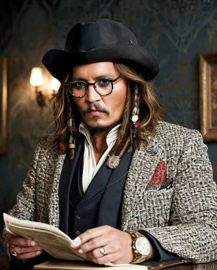 Johnny Depp, Fashion-forward intellectual @JohnnyDepp, oversized glasses, turtle-neck, patterned blazer with fur detail, holding newspapers, vintage watch, smoking, textured stone backdrop, overcast lighting, styled in a mix of classic and bold fashion choices, mid-shot, capturing an air of casual elegance.