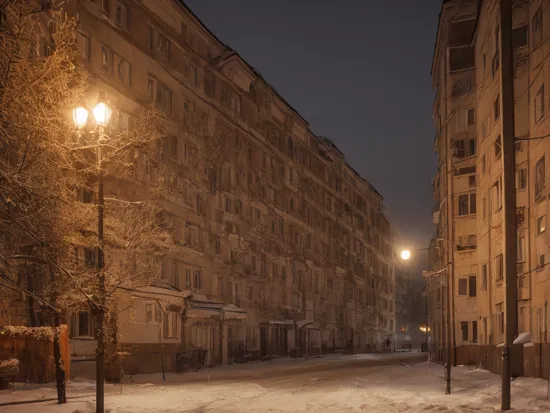 beautiful photo of old soviet residential building in russian suburbs,street photography, moscow, saint petersburg, lights are on in the windows, deep night, post - soviet courtyard, rusty walls, cozy atmosphere, winter, heavy snow, fog, street lamps with orange light, several birches nearby, several elderly people stand at the entrance to the building,  