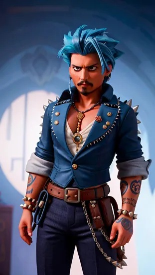 Johnny Depp, Intimidating presence @JohnnyDepp, ((spiky blue hair)), muscular physique, arms crossed in a show of power, tattoos glowing with a spectral light, dressed in dark trousers, set against a backdrop that evokes a sense of mystique and energy.