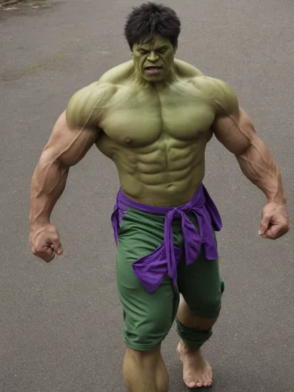     1man, green skin, muscular, Hulk, angry, purple pants,