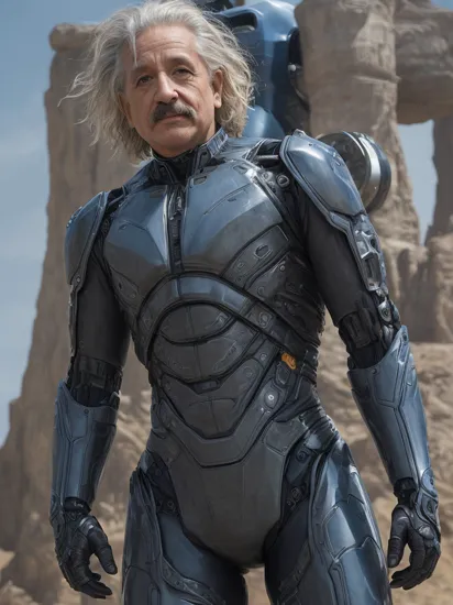 cinematic film still In the image, we see Albert Einstein standing proudly in a magnificent mech suit, towering above the surrounding landscape. The suit is meticulously designed with sleek metallic panels, intricate gears, and glowing blue accents. Einstein's face shows a mix of determination and intellectual curiosity, while his iconic wild hair flows in the wind. The image captivates with its high-quality, lifelike details, showcasing the fusion of scientific genius and futuristic technology in a visually stunning manner. . shallow depth of field, vignette, highly detailed, high budget, bokeh, cinemascope, moody, epic, gorgeous, film grain, grainy