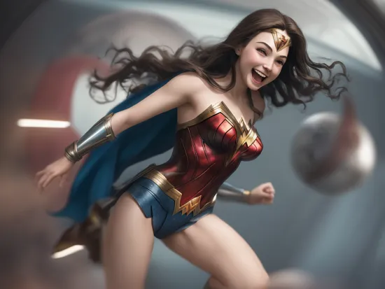 DC movies,full body,photo of a 18 year old girl,wonder woman,happy,laughing,floating in the air,in a spaceship,gravityless space,floating hair,ray tracing,detail shadow,shot on Fujifilm X-T4,85mm f1.2,sharp focus,depth of field,blurry background,bokeh,lens flare,motion blur,,