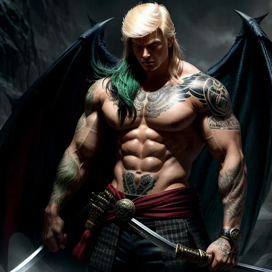 Formidable swordsman Donald Trump, green hair, ((inked with full arm tattoos)), gripping katana, standing against a ghostly dragon backdrop, muscles tensed, a stare that pierces through the mist, combination of strength and supernatural elements, representing a guardian or avenger.