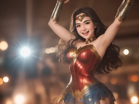 photo of a 18 year old girl,wonder woman,happy,laughing,dancing,ray tracing,detail shadow,shot on Fujifilm X-T4,85mm f1.2,sharp focus,depth of field,blurry background,bokeh,lens flare,motion blur,,