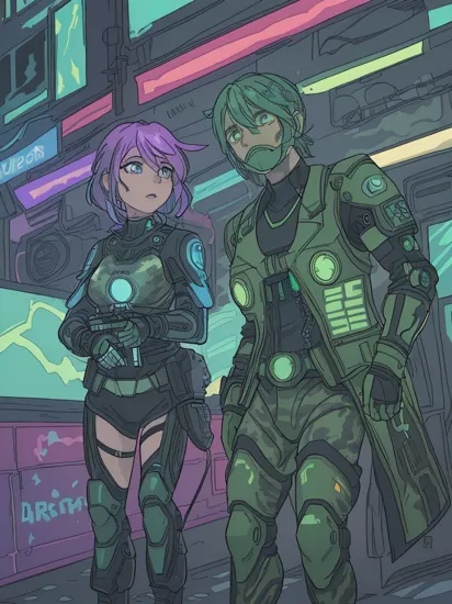 Two people, (glowing tattoos hologram Cortana) and (military camouflage colored punk Master Chief) reimagined in a cyberpunk universe, cyberpunk, cyberpunk art style, cyberpunk surroundings, glowing multicolored neon lights, raining, lightning, cinematic scene, detailed background, masterpiece, best quality, high quality, highres, absurdres, 16k resolution   