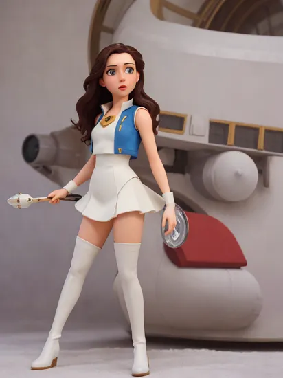 (masterpiece:1.35), modelshoot style, (8k uhd:1.34), realistic, (photo realistic:1.29), (hyper realistic:1.28), (ultra high quality:1.34), Snow White wearing a white sleeveless Starfleet uniform which ends in a short skirt, open vest, white thigh high boots,  on a starship bridge, round face, highly detailed face, military pose   