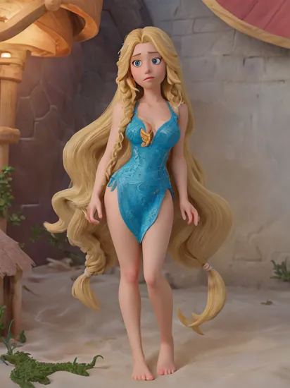 woman, (beach:1.2), , rapunzel, barefoot, (very long hair:1.4), (absurdly long hair:1.5), blonde hair, (blue bikini:1.1), barefoot, (closed mouth:1.3), (full body:1.5),, (masterpiece,High quality,best quality:1.4),sharp focus,(intricate, detailed:1.3),(Cinematic lighting),(detailed scenery, epic scenery),(official style, official art, official wallpaper,)