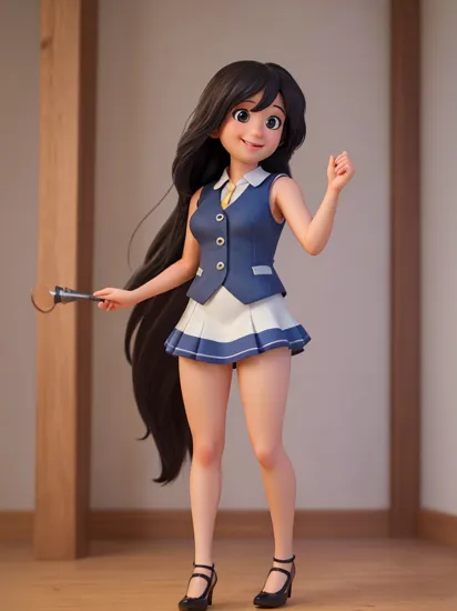 (best quality, masterpiece:1.2),(realistic, photo-realistic:1.4),8k,RAW photo,radiosity,physically based rendering,1girl,solo,black long hair,smile,Rapunzel wearing a white sleeveless strtrk uniform which ends in a short skirt,open vest,high heels,full body,look at viewer,