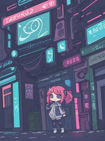 Two people, picture, kawaii toy doll, chibi Cortana and chibi Master Chief in a cinematic action shot, HDR colours, cyberpunk cityscape in the background, cyberpunk surroundings, futuristic cyberpunk art style, raw photo, detailed, intricate, multicolor neon lights,  night time, water reflections, dark atmosphere   