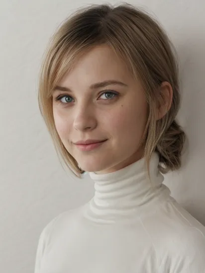face portrait photography of european female, close up, (facing viewer:1.5), cheeky smile, blonde hair, Long Layers, (31 years old:1.2), (black turtleneck:1.3), goosebumps,goose-flesh, (realistic:1.3), finely detailed, quality, (masterpiece:1.2), (photorealistic:1.2), (best quality), (detailed skin:1.3), (intricate details), dramatic, ray tracing, photograph, Wind surfboard, Bathed in shadows, Visual novel,(studio white wall background:1.5), film grain, Kodak gold 200, Depth of field 100mm, Flickr