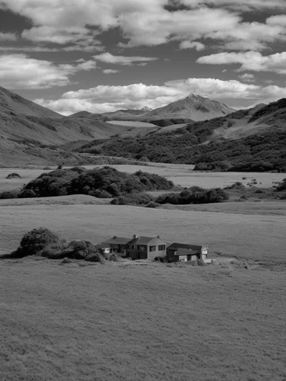 Infrared Photos - A wide angled Landscape infrared photo-realistic image of Life and beauty across beautiful New Zealands diverse landscapes from the Beautiful Canterbury and Otagos plains and rolling hills with old abandoned Pubs and old abandoned buildings out in the middle of nowhere, landscape photography, natural lighting, Fox glacier, Award Winning Photography, New Zealand, high definition, 32k