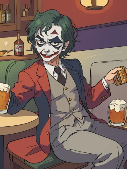 masterpiece, best quality, the joker with a beer in his hand sitting on a chair in a bar,