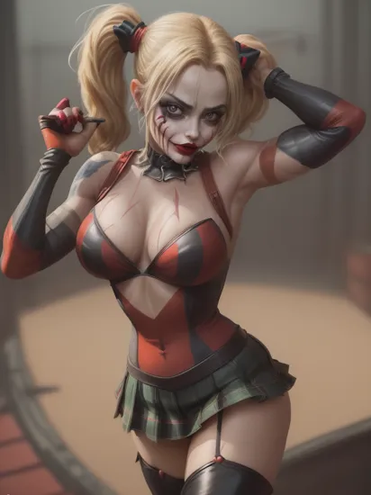 ((body portrait, body shot, dynamic sexy pose)), professional intricately detailed award winning glamor photograph, night time, 20 year old 1girl, Harley Quinn inside a dark chemical plant, seductive fit figure, (thick smeared clown make up:0.4)|goth makeup|(joker makeup:1.2), Margot Robbie|(Jennifer Connelly:0.6), (clad in a skintight red and black striped sexy jester outfit:1.3), (Harley Quinn outfit:1.2), toned body, sweaty, (pleated tartan mini skirt, thigh boots, stripped stockings:1.2), baseball bat, steam rising from vats in the background rubbish, (blonde pigtails:1.2), dim  lighting, deep shadows, edge lighting, highly detailed, professional, soft volumetric lighting, lens flares, realistic, roughness, ultra realistic, photographed on a Canon EOS R5, 50mm lens, muted colors, F/2.8, HDR, 8k resolution, highres, high detail, sharp focus, smooth, roughness, real life, photorealism, photography, 8k uhd,