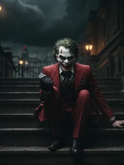 Joker Dancing on stairs, , Detailed face, crazy laughing, high detail, sharp focus, moody, smokey, hyperdetailed, 8k, frostbite 3 engine, cryengine, dof, trending on artstation, digital art, city in the background, psycho, psychopath, red suit, super detailed hair. ((LONG SHARP TEETH)), CGI, Perfect, Gloomy, Dark knight,