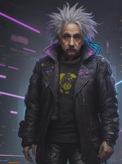 breathtaking Albert Einstein, (reimagined in a cyberpunk universe), (cyberpunk style), (cyberpunk), (cyberpunk outfit), (punk hair), (augmentation), cybernetics, glowing neon lights, cinematic scene, hero view, action pose, beautiful 8k, detailed background, masterpiece, best quality, high quality, absurdres, vivid.. award-winning, professional, highly detailed