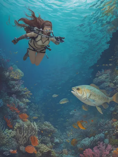 Lady diver among fishs, floral background, in the style of Studio Ghibli, beautiful incredibly detailed composite, sharp lines, clear focus, dramatic lighting, Glimmering  epic composition, sharp contours, graphic details, colors, geometric filigree in style. Underwater Photography by David Doubilet, Brian Skerry, George Lucas (Star Wars, Indiana Jones),  oil painting, strong strokes, dripping paint