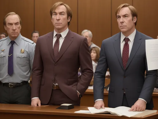 saul goodman and thanos, upper body perspective ,cinematic movie footage on the courtroom trials, holdings paper speaking