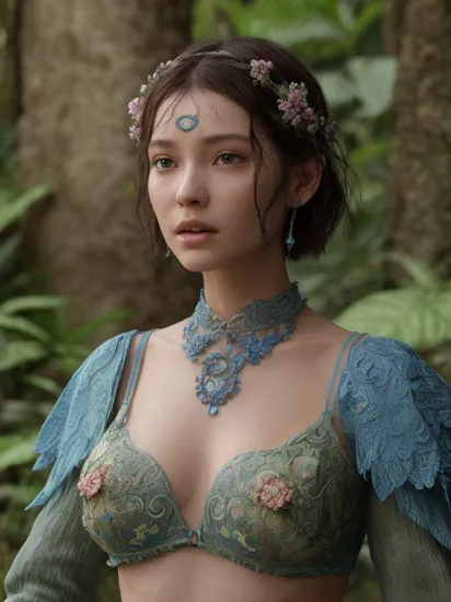fashion photography portrait of woman avatar, 1girl in blue lush Alien Rainforest with flowers and birds, fantasy, octane render, hdr, Dolby Vision, (intricate details, hyperdetailed:1.2), (natural skin texture, hyperrealism, soft light:1.2), fluffy short hair, , sharp focus, night, necklace, Chinese mythology, cleavage, medium breasts, sci-fi headband, looking at viewer, best quality, perfect body