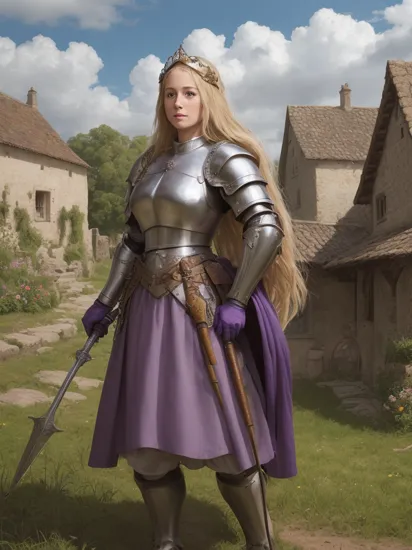 masterpiece, best quality, photorealistic, , Joan of Arc, 1girl, blonde hair, long hair, hair ornament, hair flower, medium breasts, solo, portrait, looking at viewer, slight smile, open mouth, purple undershirt, purple pants, armor, shoulder armor, pauldrons, breastplate, armored boots, pelvic curtain, pray hand on hip, medieval, medieval farming village, farm, clouds, sky
