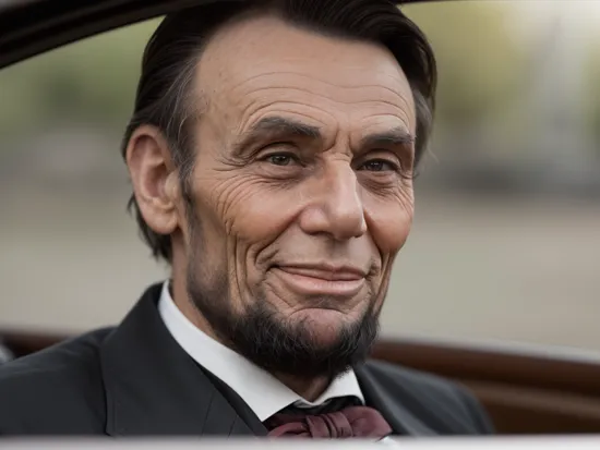 still from dramatic movie scene of abraham lincoln, driving a lincoln car, tearfully smiling, (colorized), film grain, 8k ultra hd, widescreen, cinematic, hdr, dramatic lighting, blockbuster hit, one person, close up shot