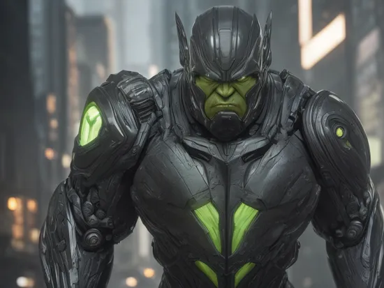 a photograph of hulk 2099, biomechanical, carbon fiber, high detailed reflections, green hues, green armor, black hair, (metal face plates:1.3),  complex robot, cyborg, mechanical joints, full body, (front view:1.2), hyper realistic, insane fine details, Extremely sharp lines, cyberpunk aesthetic, high contrast, a masterpiece, featured on zbrush central, city background, high detailed reflections, The camera angle is at a close-up, highlighting the intricate details and textures. ISO 400, shutter speed 1/200, focal length 50mm, and a shallow depth of field. The muted color palette adds to the atmosphere. The epic character composition, combined with sharp focus and natural lighting, brings the captivating image to life. The subsurface scattering effect adds a touch of ethereal glow, while the f2 aperture and 35mm lens create a perfect balance of depth and detail.   