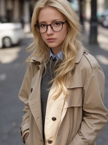 j3nn, blonde hair, glasses,,  , ,Trench Coat, Soft Shadows, Street Photography, focal point, Softbox with a diffuser for an extra soft and even light (Softbox with Diffuser).