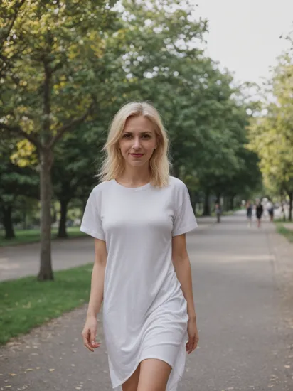 street photography of a woman,(caradelev1ngne_ti-4600:0.98) in her 30s,(wearing a white tshirt:1.2),blonde hair, walking in a park,subtle smile,dark eyeshadow, realistic photograph, detailed face, film grain,shot on arri alexa 65,natural lighting