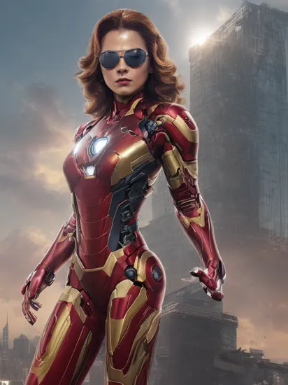 A stunning digital painting of (l4r4f8:1.7),masterpiece, best quality, high detailed, (As a female version of Tony Stark/Iron Man from MCU, render a breathtaking high-resolution artwork set against the backdrop of Stark Tower. Dressed in a sleek, advanced Iron Man suit with feminine contours, she stands amidst a sophisticated lab set up. The masterpiece captures her genius intellect, showcasing the innovative design and dazzling lights of the tech-filled surroundings, while delivering the awe-inspiring prowess of the Iron Man suit in 8k quality.:1.5),(in the style of Boris Vallejo:1.3),(A pair of bold, retro-inspired sunglasses that shield her eyes from the sun while simultaneously adding a touch of glamour to her overall look.:1.9),(A retro-inspired bouffant style with hair teased high at the crown and styled in loose curls at the ends.:1.3),epic fantasy character art, concept art, fantasy art, a character portrait, fantasy art, vibrant high contrast,trending on ArtStation, dramatic lighting, ambient occlusion, volumetric lighting, emotional, Deviant-art, hyper detailed illustration, 8k, gorgeous lighting, ,vamptech,, wearing excessive makeup,Blush,Mascara,Eyebrow pencil,Eyeshadow,Eyeliner,Lip liner,Lip gloss,(Dramatic lashes:1.3),Cut crease,Ombre lips,Graphic eyeliner,extreme makeup, eye shadow, lipstick, excessive makeup