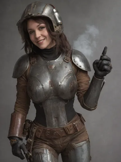Grit, Rust, Stains, grunge style, a petite busty Smiling woman wearing rusty spaceship mech armor, Cleavage, textured, distressed, vintage, edgy, punk rock vibe, dirty, noisy, in iconic Napoleon Bonaparte Pose, Female mandalorian, super Closeup Portrait, Fighting stance Pose, glowing fists Up, Bedouin Showgirl, shiny armor, very detailed, hd, DARK silver used spaceship Background, foggy, smoke, dimmed backlight, PEHighContrast