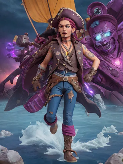 portrait of Cyborg ((Johny Depp)) as Captain Jack Sparrow wearing a detailed pirate Hat, detailed fingers, an ultra-realistic Cyborg Image, Detailed mechanics, Intricate details,  looking at the camera, Full Body,  Detailed Cyborg Face, wearing Cyborg pirate armor, Cyborg Pirate Hat,  Ultra HD, Neon Lights in the background, Dystopian, Huge Robotic water Ships in the background,  pale skin, Pirate pose, purple luminescent, glitter, high detail, ((dynamic pose)), Ship,  Xenomorph, guyver, action, detailed Cyber punk background, intense expression, surging power, floating particles, reflections, darkness, epic atmosphere
