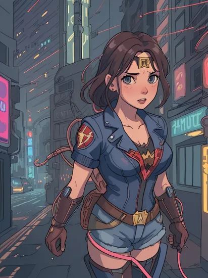 (Realistic:1.5) (wonder woman) (hyperdetailed), (cables and wires connecting to the machine), cinematic lightning, dark, (cyberpunk city street), (flying cars), (neon city lights), reflections, water drop, looking at viewer, (cyborg woman terminator) 