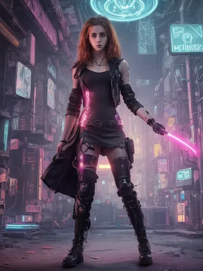 (raw photo:1.4) of Hermione Granger from the Harry Potter series is embodied by Emma Watson as a surreal (witch-cyborg:1.2) beneath a neon-lit bridge that spans a polluted river where an underground bazaar teems with black-market traders hawking illicit cybernetic enhancements and stolen data chips and holographic disguises while the constant drone of surveillance drones overhead keeps the transactions shrouded in secrecy, sfw, (cyberpunk:1.3), (neon lights:1.3), wearing a sleek neon-colored witch attire intricately etched with arcane symbols and runes, a cybernetic book interface implant behind her ear, an omnilingual holographic communicator embedded in her wrist, high-tech enchanted boots with hidden compartments, melding her wizarding origins with cutting-edge magical-infused technology
