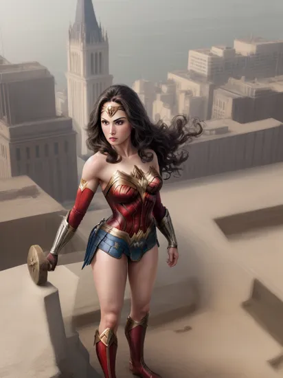 wonder woman, standing on top of a building, (b1mb0, slim_thick:1.2),
full body, 
best quality, detailed
