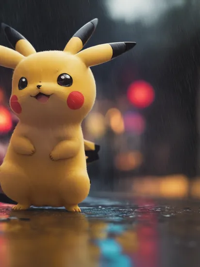 pikachu, looking to the camera, very close shot, outdoors, colorful, cinematic 3d scene, raining, shadow, dark, fur, wet, 