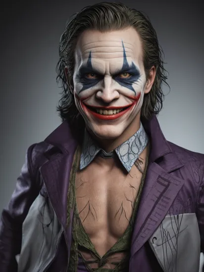 (full body shot:0.6), flash photography, realistic photo of a arkham joker, smiling, simple background, looking at the camera, realistic, (masterpiece:1.1), (best quality:1.1), beautiful, (intricate details), unity 8k wallpaper, ultra detailed, aesthetic, perfect lighting,  