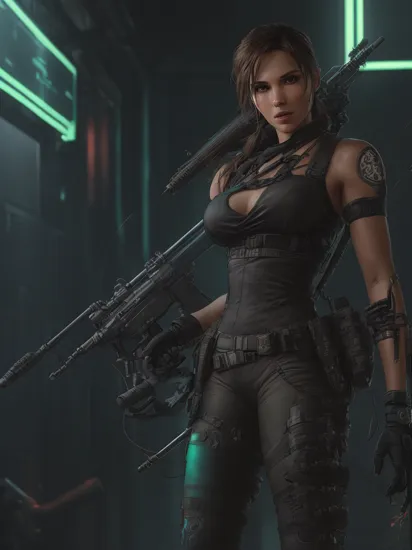 Lara Croft in cyberpunk attire, wearing high-tech gear such as body armor and cybernetic enhancements, fighting off waves of robotic enemies with her trusty bow and arrows. reimagined in a cyberpunk universe, cyberpunk style, cyberpunk, cyberpunk outfit, punk hair, augmentation, cybernetics, glowing neon lights, cinematic scene, hero view, action pose, beautiful 8k, detailed background, masterpiece, best quality, high quality, absurdres, vivid.
