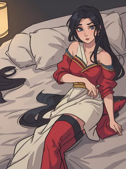 harp focus:1.2), photo, attractive woman, (beautiful face:1.1), detailed eyes, luscious lip, long hair, perfect mulan outfit, extreme detailed outfit. (moody lighting:1.1), 4K, HDR, lying on bed