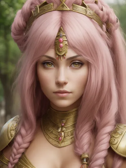 a beautiful woman, (pink cleopatra hair:1.2), (warrior princess:1.2), (Bavaria culture:1.2), (barbarian warrior), fantasy character, realism, perfect rendered face, perfect face details, realism, perfect rendered face, perfect face details, hyper real, photography, professional, sharp, bokeh, studio quality, delighted, by Steve McCurry, by Ilia Repin, by Robert Capa