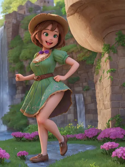 (RapunzelWaifu:1), 1girl, cute, cute pose, (short hair, brown hair, green eyes), (purple dress), curvy, looking at viewer, smile, :D, breast focus, leaning forward, 
(detailed ladscape, castle, garden, flowers, waterfall:1.2), window, (background:1),  (dynamic_angle:1.2), (dynamic_pose:1.2), (rule of third_composition:1.3), (dynamic_perspective:1.2), (dynamic_Line_of_action:1.2), solo, wide shot,
(masterpiece:1.2), (best quality, highest quality), (ultra detailed), (8k, 4k, intricate), (full-body-shot:1), (Cowboy-shot:1.2), (50mm), (highly detailed:1.2),(detailed face:1.2), detailed_eyes,(gradients),(ambient light:1.3),(cinematic composition:1.3),(HDR:1),Accent Lighting,extremely detailed,original, highres,(perfect_anatomy:1.2),
 