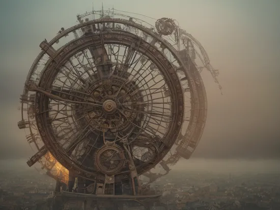Midjourney style, Dreamlike, steampunk (city)+, vintage, clockwork architecture, industrial, springs, cogs, escape wheel, muted colors, panorama, landscape photography, distance, masterpiece, cinematic light, foggy morning, bokeh, highly detailed, photography by Zdzislaw Beksinski and Alan Lee, sharp-focus, 8k, intricately-detailed