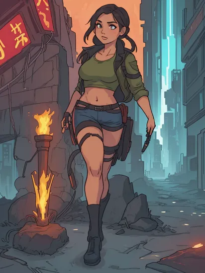 (Lara Croft:1.2), young woman, full body, standing, looking back, stands atop a massive, crumbling statue, rain-soaked, hidden city. Her torch lights up intricate glyphs, retro cyberpunk undefined. dark theme, 80's inspired, synthwave, neon, vibrant, detailed, retro futurism