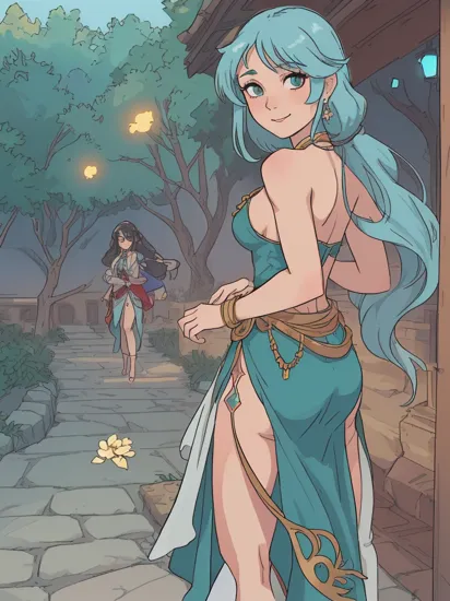 1girl, (JasmineWaifu), (turquoise arabian clothes), (multi-tied hair, long hair), (jewelry), harem outfit, see-through, (side slit:1.2), (from behind:1.2), (ass), (arabian palace), outdoors, garden, stone walkway, grass, white trees, multicolored flowers, medium breasts, looking at viewer, closed mouth, smile, beautiful lighting, masterpiece, trending on ArtStation, trending on CGSociety, Intricate, High Detail, Sharp focus, dramatic lighting, illustration, digital art, by artgerm, by Liang Xing, by WLOP