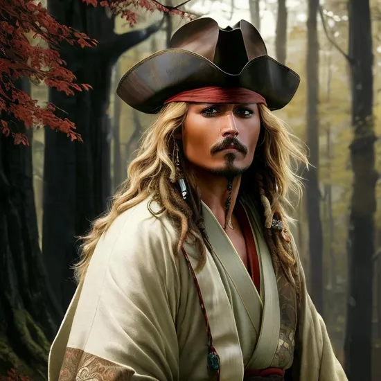 Johnny Depp, Contemplative swordsman @JohnnyDepp, tousled blond hair, ((traditional kimono)), patterned with autumn leaves, standing in a serene forest, dappled sunlight filtering through, hand on sword hilt, calm yet alert demeanor, subtle frown, thoughtful gaze, muted color palette with warm tones, ((fine detail in fabric)), realistic textures, an atmosphere of quiet strength and readiness, the balance of nature and warrior spirit.